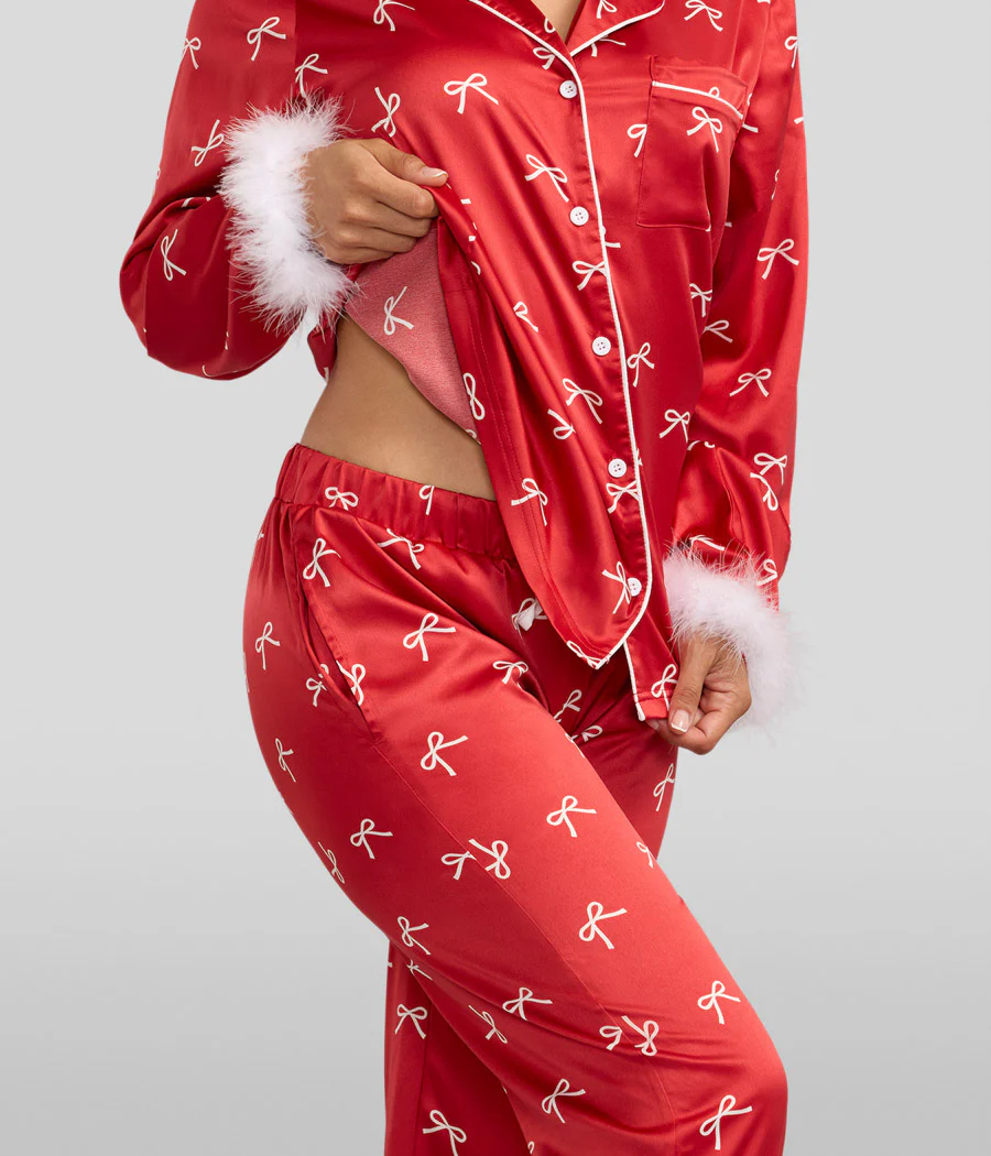 Women's Christmas Bow Satin Feather Pajama Set - Image 6