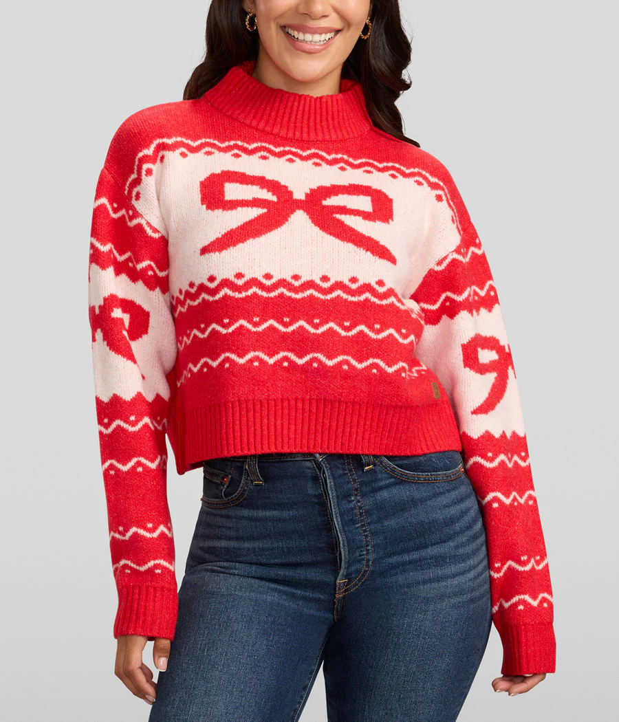 Women's Cozy Knit Bow Cropped Christmas Sweater - Image 2