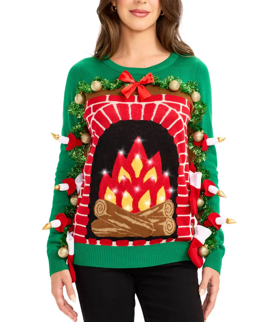 Women's Festive Fireplace Light Up Ugly Christmas Sweater - Image 3