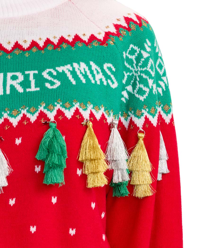 Women's Merry Christmas Tassel Turtleneck Cropped Sweater - Image 3