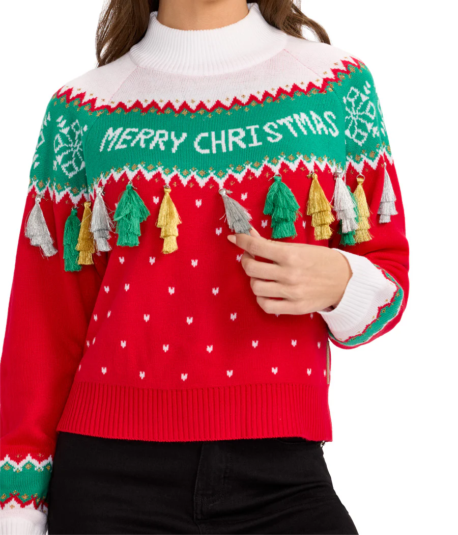 Women's Merry Christmas Tassel Turtleneck Cropped Sweater - Image 4