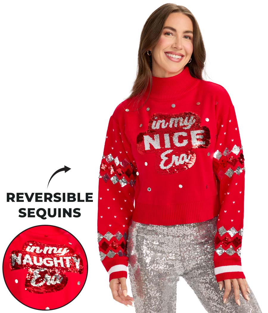 Women's Nice Era Turtleneck Cropped Reversible Sequin Christmas Sweater - Image 3