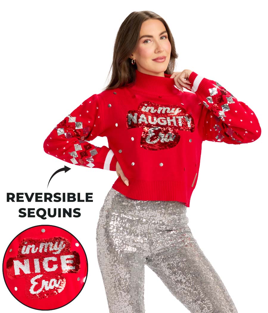Women's Nice Era Turtleneck Cropped Reversible Sequin Christmas Sweater - Image 4