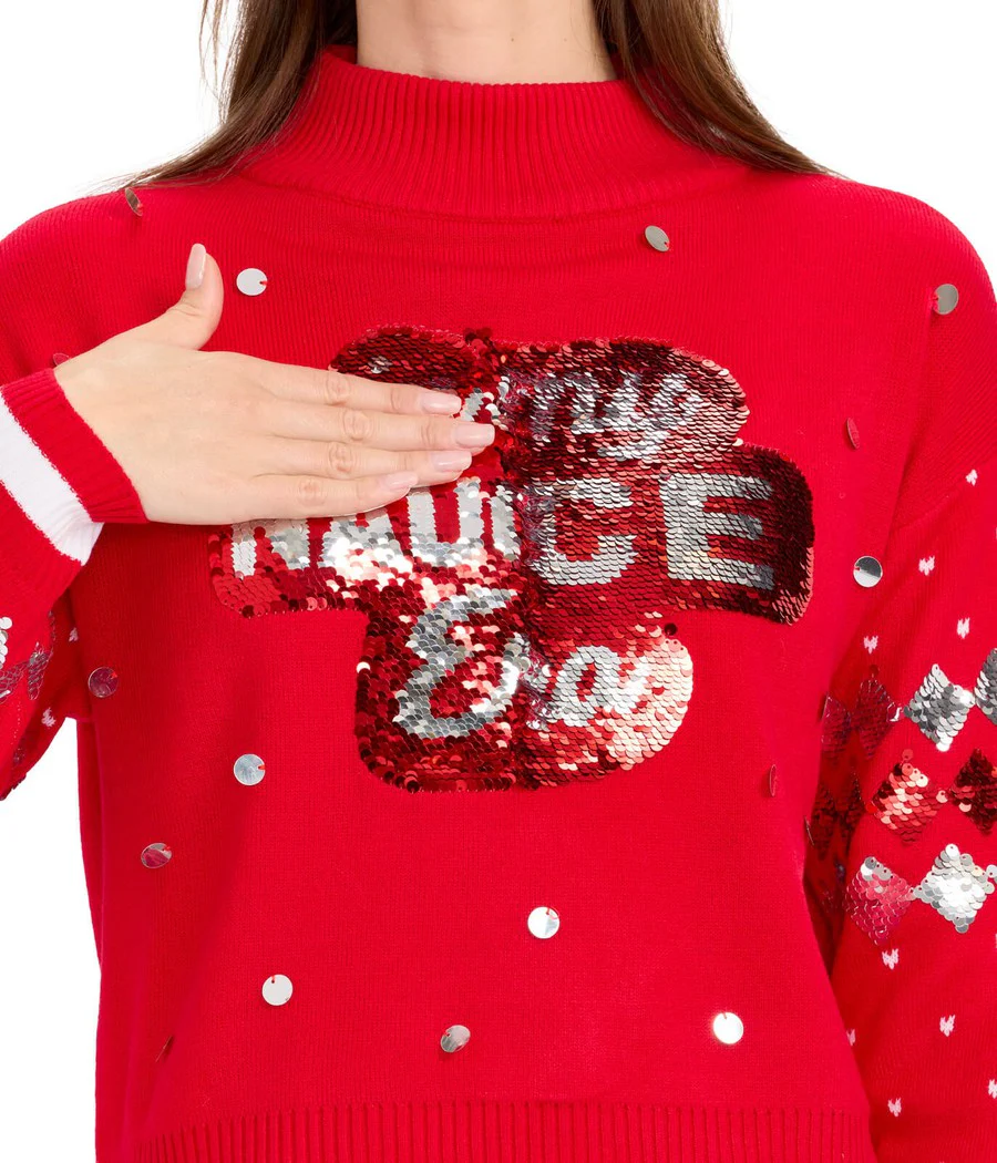 Women's Nice Era Turtleneck Cropped Reversible Sequin Christmas Sweater - Image 5