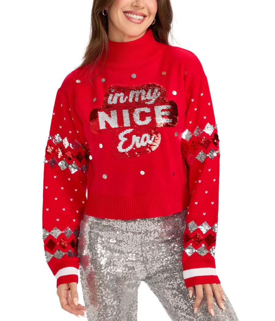 Women's Nice Era Turtleneck Cropped Reversible Sequin Christmas Sweater - Image 6