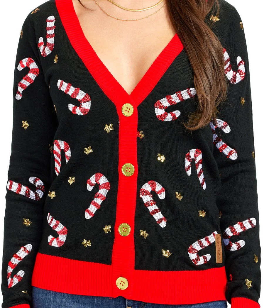 Women's Sequin Candy Cane Cardigan Sweater - Image 2