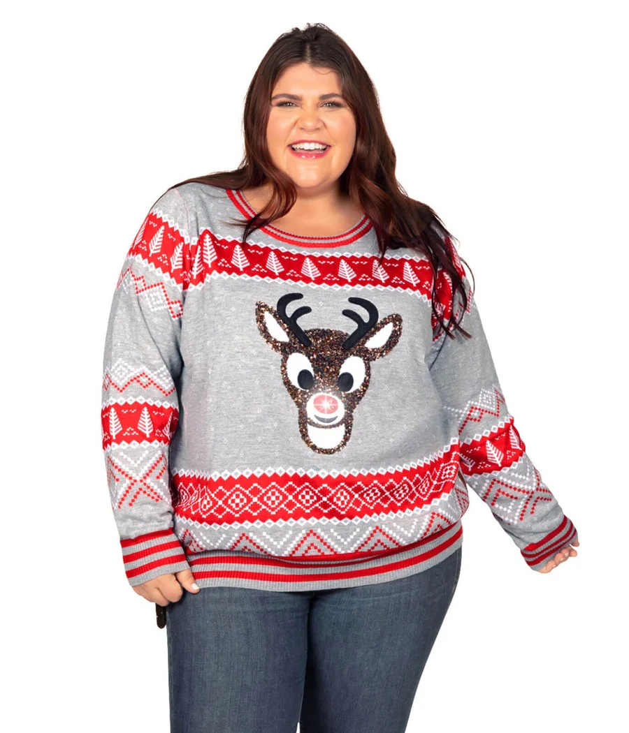 Women's Sequin Rudolph Light Up Plus Size Ugly Christmas Sweater - Image 3