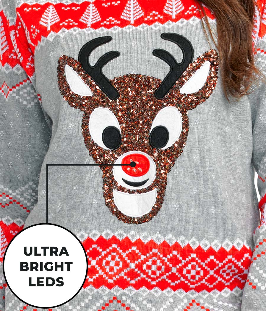 Women's Sequin Rudolph Light Up Ugly Christmas Sweater - Image 6