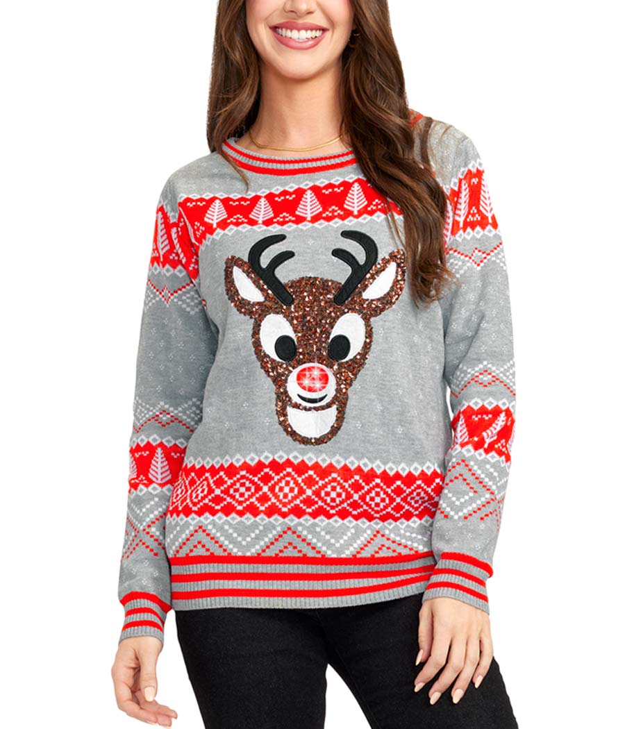 Women's Sequin Rudolph Light Up Ugly Christmas Sweater - Image 7