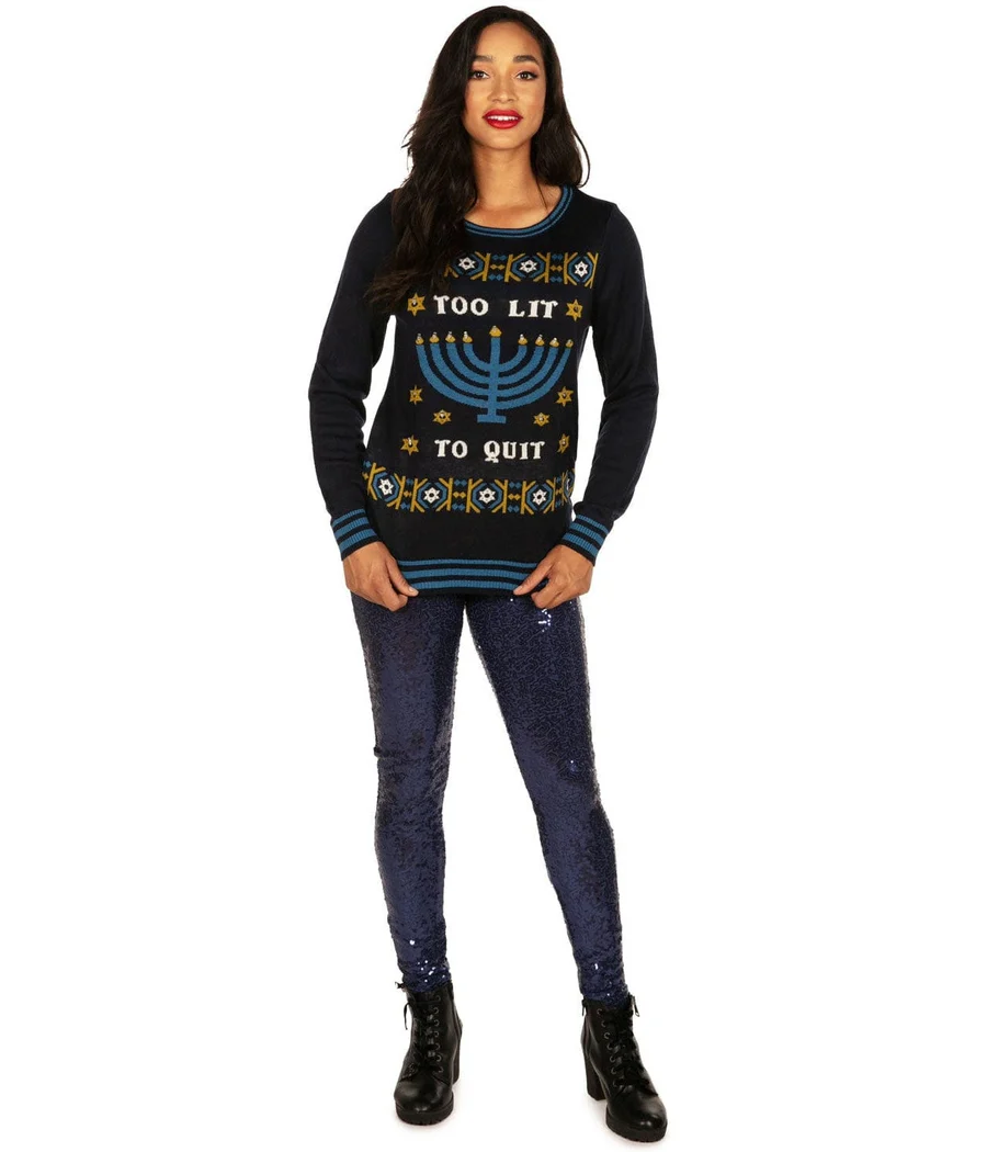 Women's Too Lit to Quit Light Up Ugly Hanukkah Sweater - Image 3