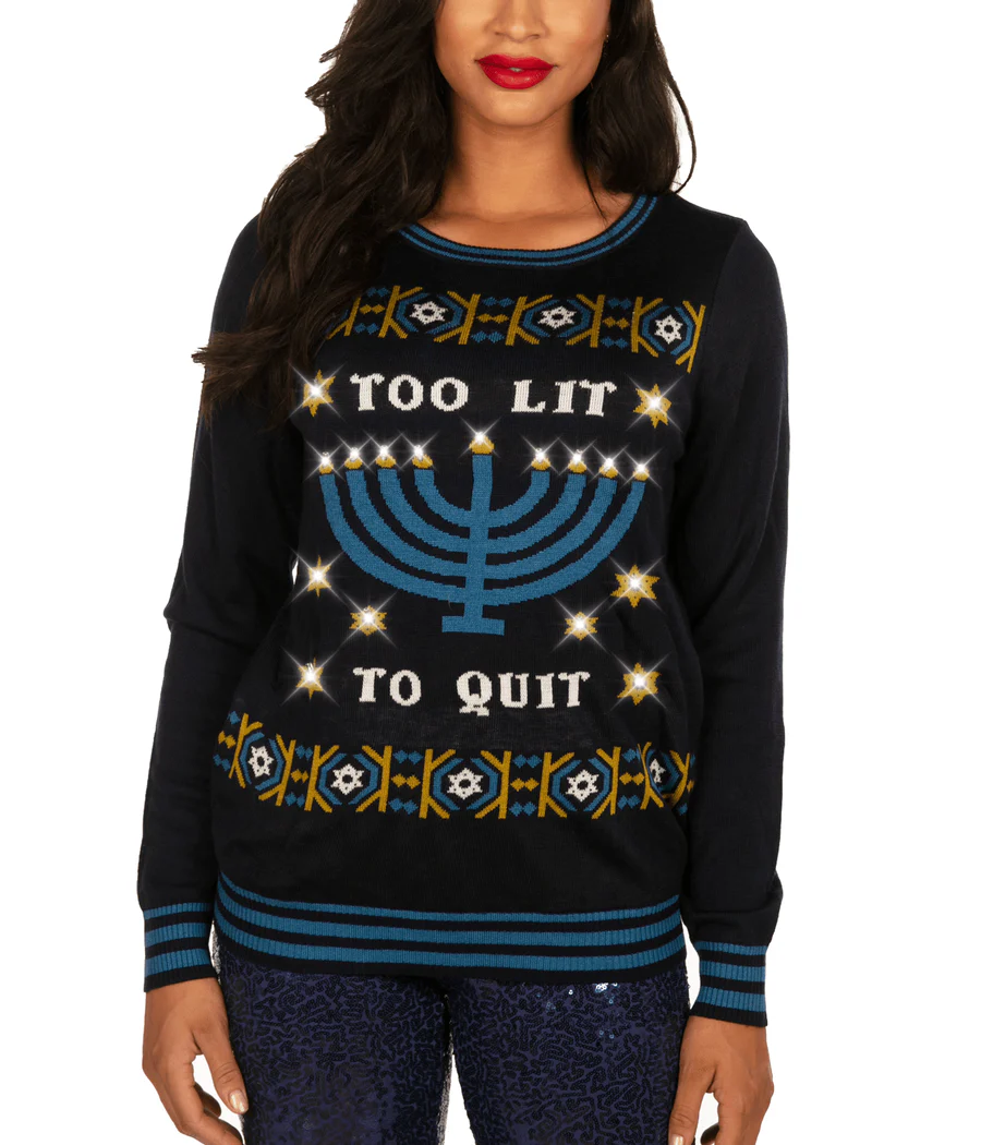 Women's Too Lit to Quit Light Up Ugly Hanukkah Sweater - Image 4