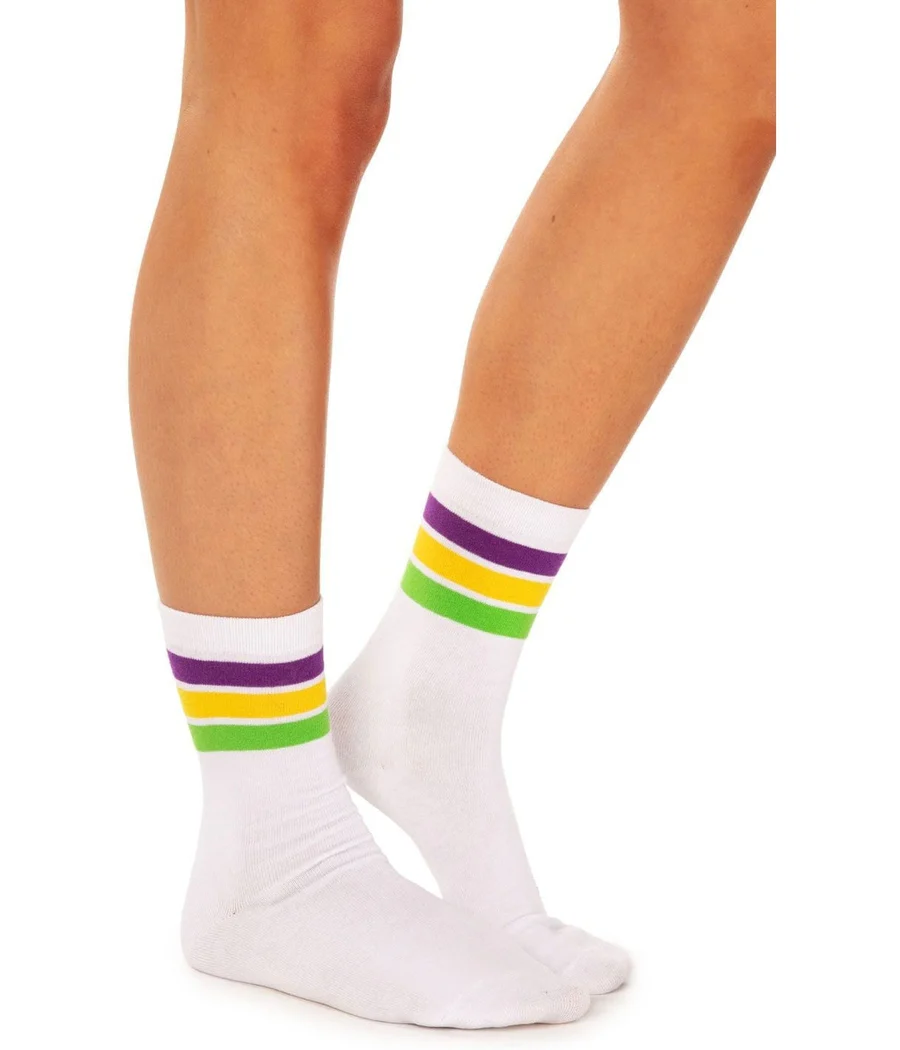 Women's White Super Krewe Mardi Gras Socks (Fits Sizes 6-11W)