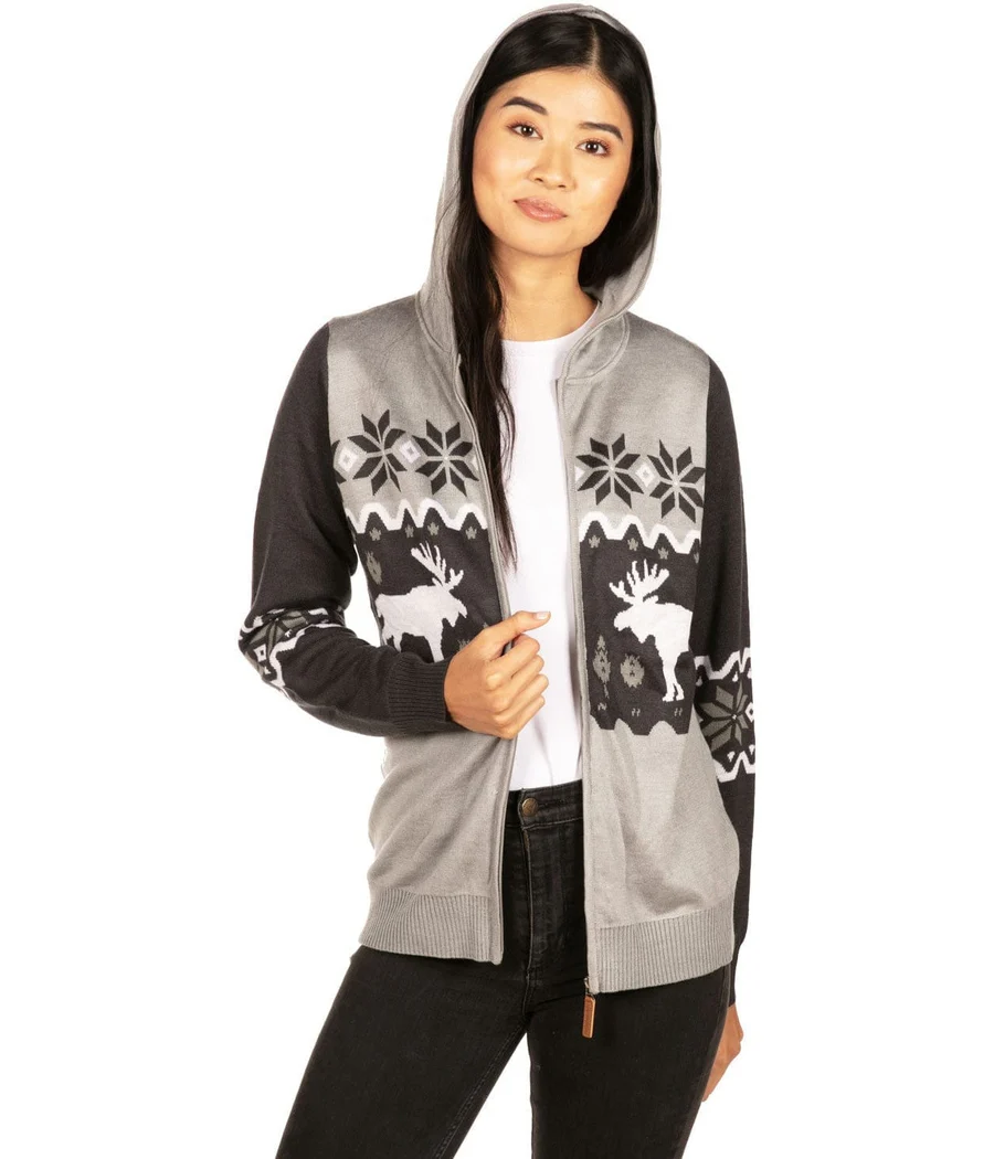 Women's Winter Moose Zip Up Hooded Sweater - Image 2