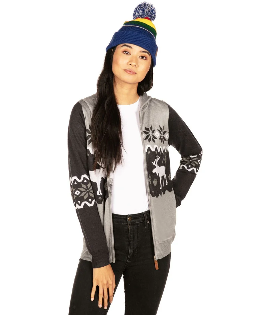 Women's Winter Moose Zip Up Hooded Sweater - Image 4