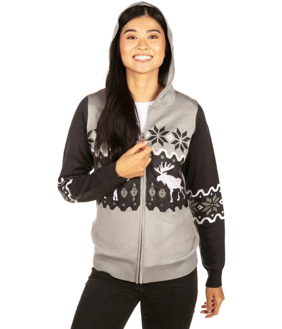 Women's Winter Moose Zip Up Hooded Sweater - Image 5